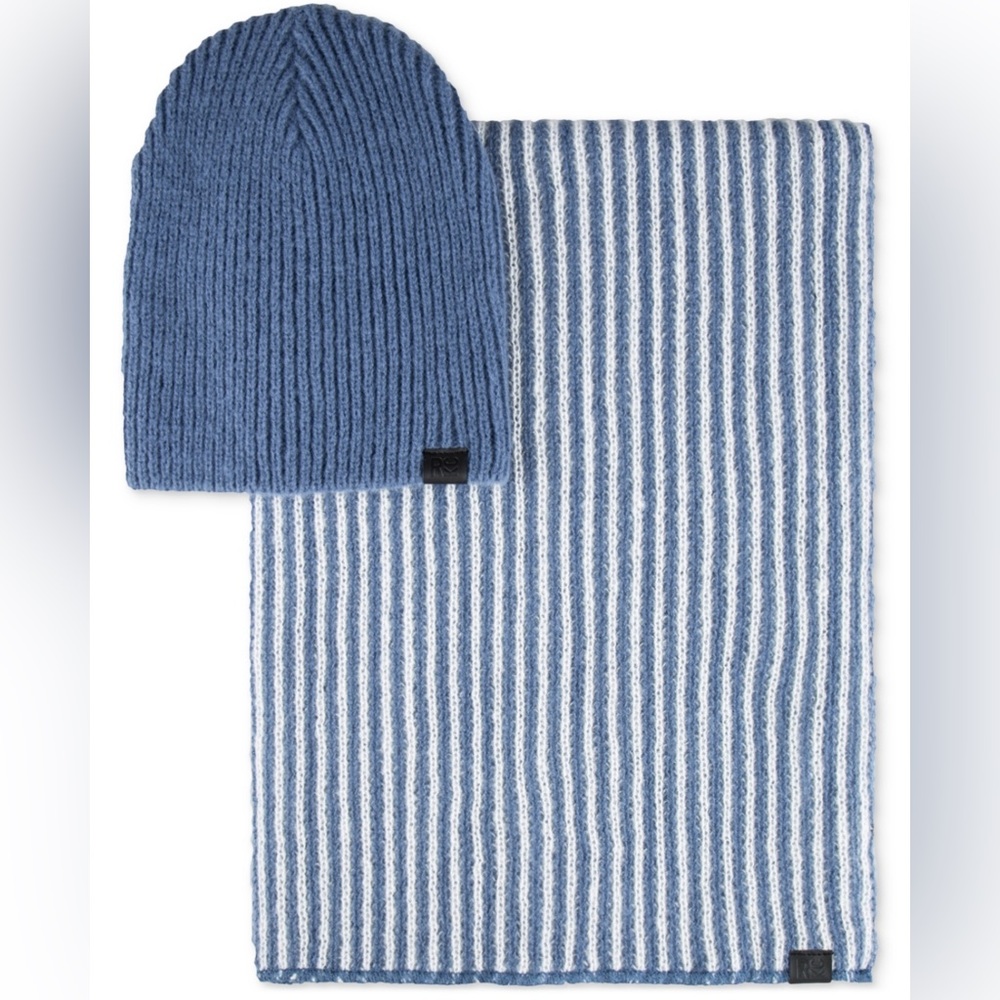 Kenneth Cole Reaction Blue  Men's Beanie and Striped Scarf Set, One Size
